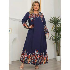 Boho Floral Long Sleeve Dress Navy Blue Multicolor Plus Size Kaftan Longline